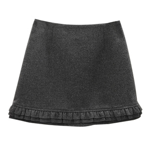 XIBEIERXIXI高腰短裙女2025冬季呢料木耳花边A字裙显瘦百搭半身裙