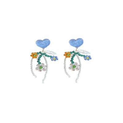 原创蓝色串珠水晶花朵独特耳环