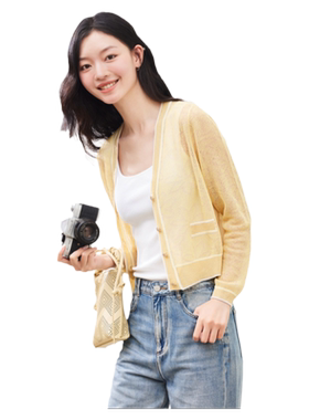 古木夕羊时尚撞色线条设计针织衫女秋季减龄气质轻薄开衫外套