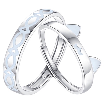 猫鱼之恋情侣对戒S925银发光戒指