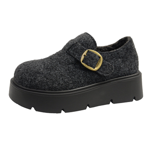 灰色厚底加绒勃肯鞋女款2026年冬季小个子乐福鞋保暖增高豆豆棉鞋