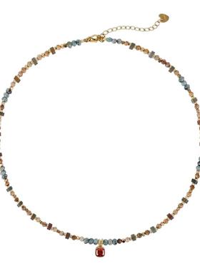 波西米亚民族风红色方糖吊坠项链多巴胺混色天然石叠戴虎眼石颈链