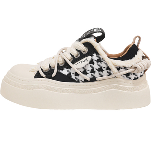 TTKJ厚底增高板鞋女鞋秋冬新款复古千鸟格粗花呢休闲运动大头鞋子