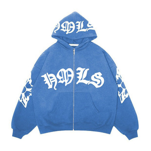 jacket hoodie zip 美式蓝色卫衣上衣外套宽松长袖拉链连帽衫女