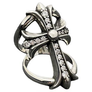 s925纯银克罗伈复古做旧镶钻镂空十字架戒指男欧美个性指环经典款