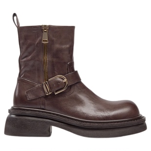 BeauToday马丁靴女厚底小短靴巨好看2026BT真皮棕色增高靴子女款