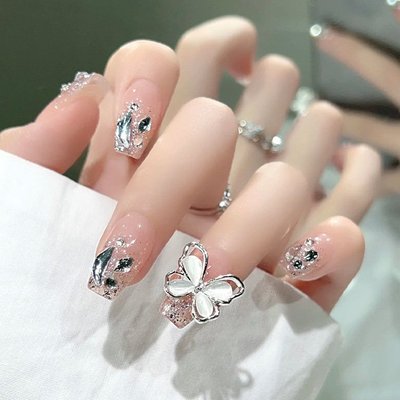 新品 手工穿戴甲成品温精灵爆闪极光钻渐变穿戴式指甲贴片显白送