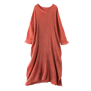 棉麻文艺范原创女装连衣裙肌理毛边设计感长袍女显瘦长袖禅意长裙