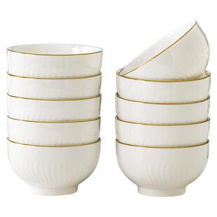 碗家用套装饭碗10个加厚防烫面碗汤碗欧式金边浮雕4.5英寸陶瓷碗