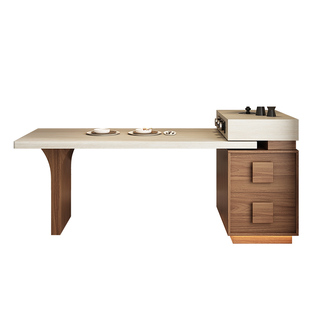 中古风洞石岛台餐桌小户型可伸缩极窄岛柜饭桌复古厨房迷你岩板导