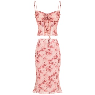 ITSNIKAR新中式复古玫瑰碎花套装女辣妹吊带裙子上衣度假风两件套