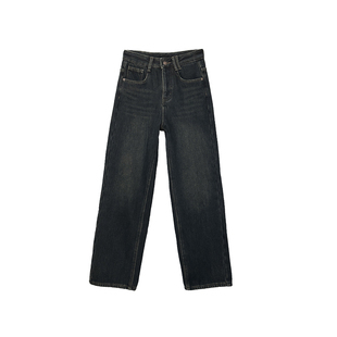 必入好版型!~深色加厚绒牛仔裤子女秋冬显瘦宽松直筒阔腿拖地裤