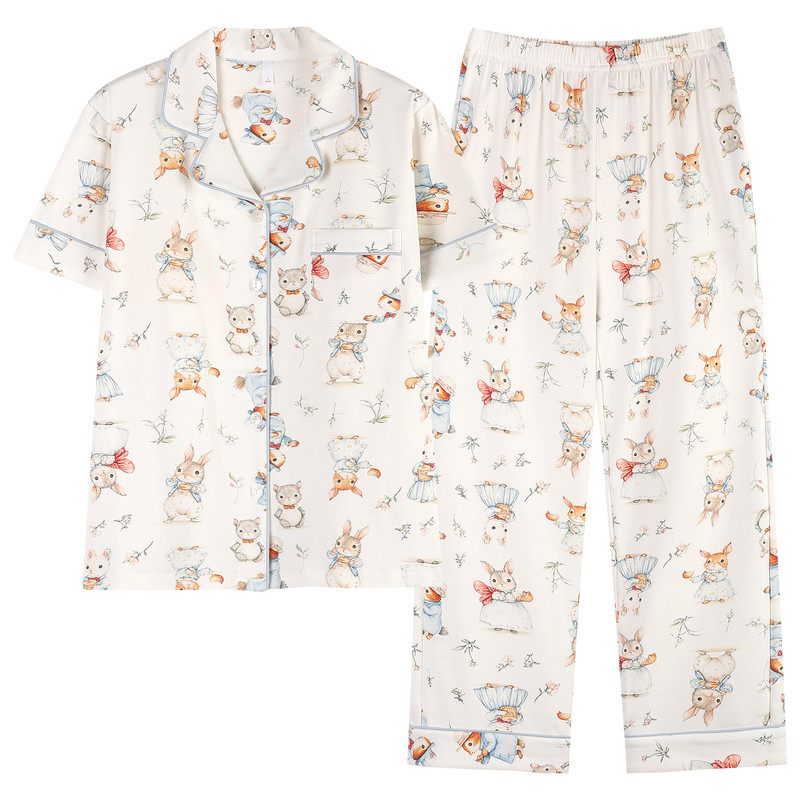 夏季纯棉桑蚕丝胸垫家居服套装