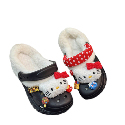 儿童新款防滑软底黑色加绒洞洞鞋