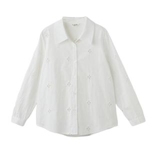 采多宝大码女装百搭弧下摆气质绣花衬衣胖mm简约新品开衫白色上衣