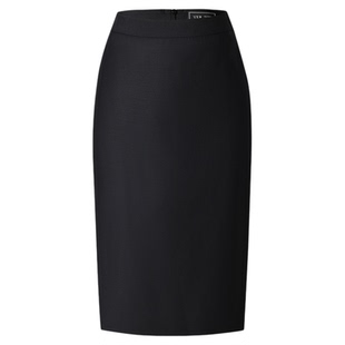 VER TOW羊毛高级感及膝半裙 秋冬气质通勤后开叉黑色西装半身裙