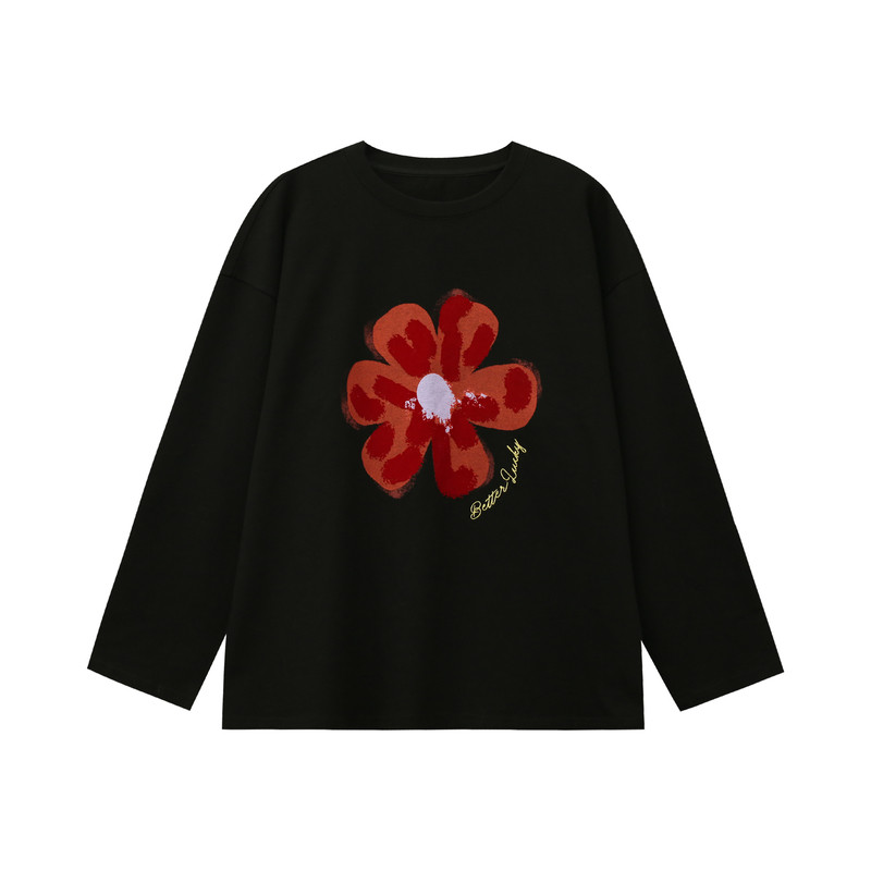 郑买买 春日红花 春季新款百搭慵懒显瘦圆领独特好看的长袖T恤女