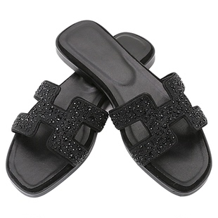 新款带水钻h拖鞋女夏时尚外穿真皮平底跟一字百搭沙滩旅游H凉鞋子