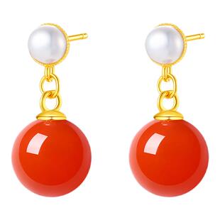 保山南红柿子红耳坠女款淡水珍珠满色双珠耳环2026新款本命年耳饰