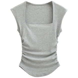 【包邮】纯欲辣妹梯形领口设计包肩侧边褶皱收腰显瘦弧形下摆上衣