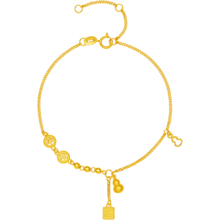 周六福黄18K金手链女葫芦福字金珠手饰多彩金Au750新年礼物送女友