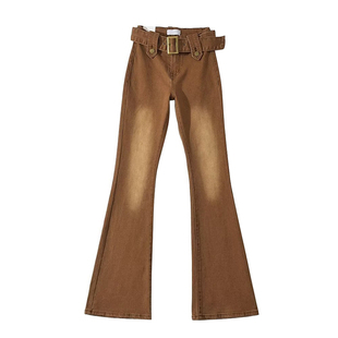 欧美复古辣妹高腰包臀紧身弹力微喇牛仔裤女设计感宽腰带拖地长裤