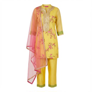 印度传统异域风安娜女装高级感丝棉印花金线刺绣旁遮比3件套黄色