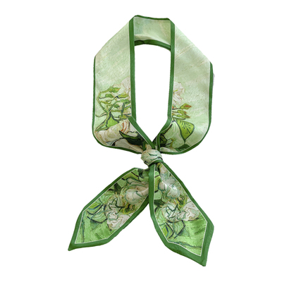 双层窄细绿色油画发带丝巾