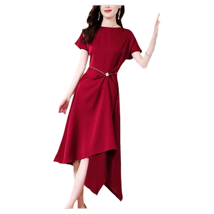 酒红色礼服a字裙2026年春夏新款女装名媛气质喜婆婆婚宴装连衣裙