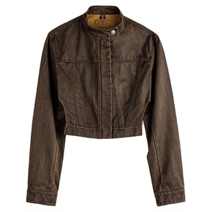 马登美式复古美拉德立领小众麂皮夹克修身短款高腰机车外套女士春