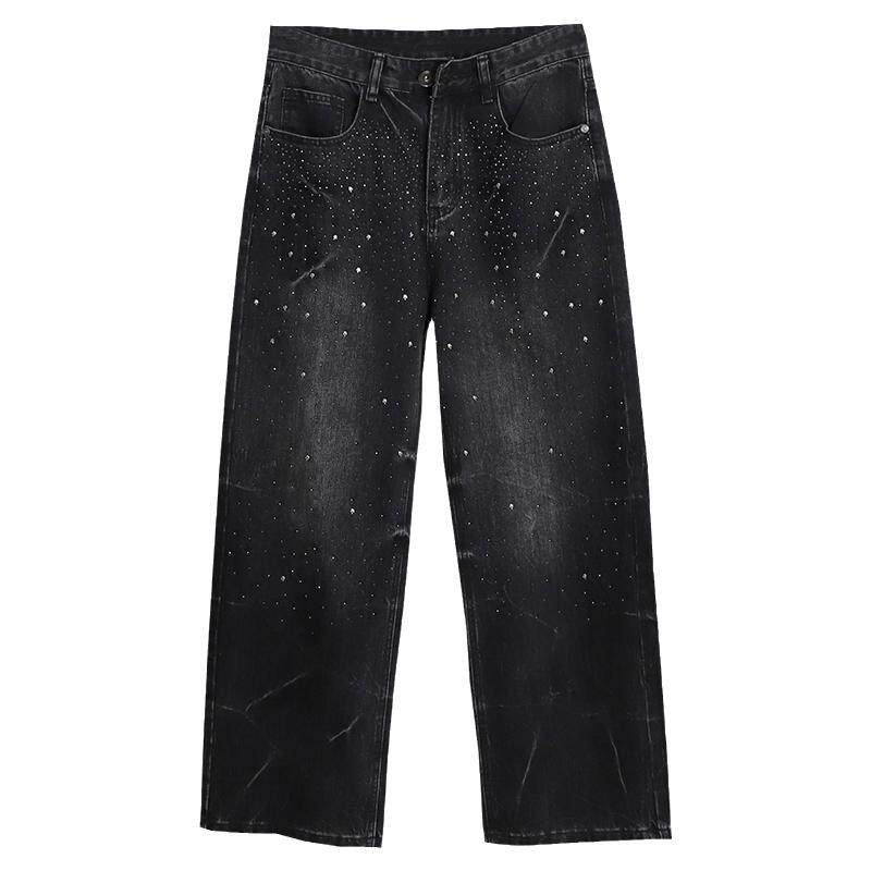 秋季新款黑灰色烫钻牛仔裤男款美式高街宽松满天星2025阔腿直筒裤