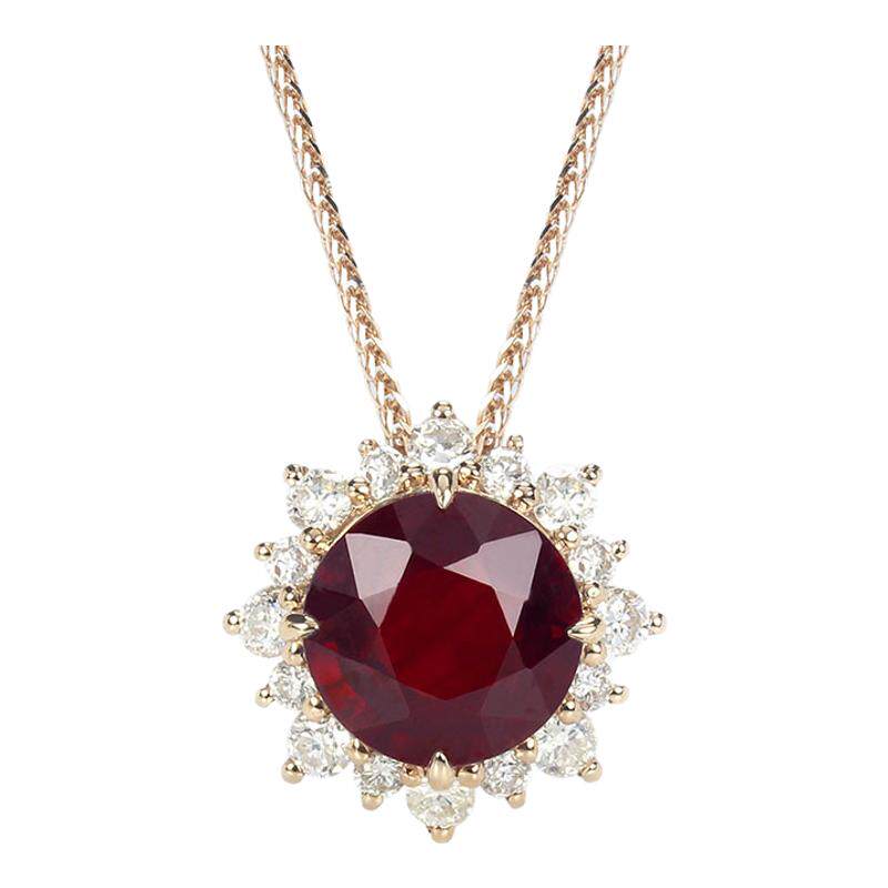 太阳花18K金天然红宝石钻石吊坠