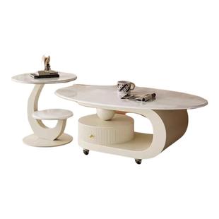 微晶石组合茶几大理石茶几现代轻奢小户型法式月牙茶几椭圆形茶桌