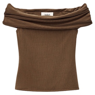 bash2026新款春季法式气质女露肩上衣简约纯色一字肩T恤1E26BENE