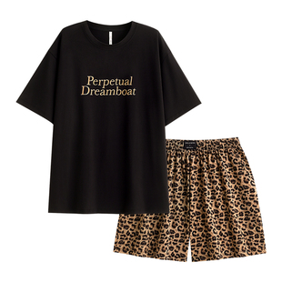 悦内睡衣女夏季夏天莫代尔短袖短裤家居服休闲圆领套头可外穿豹纹