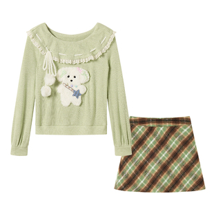 织物猪 薄荷曲奇 淡绿色荷叶领小狗针织上衣女春季格纹半身裙套装