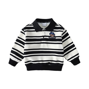 皇室童缘男童polo领加绒加厚卫衣冬季新款儿童卡通条纹上衣中大童