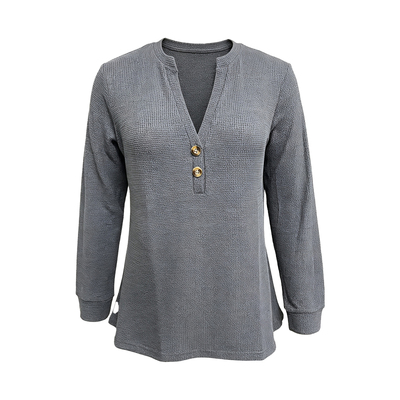 Women Casual Top Loose V-Neck Waffle Knit Autumn T Shirt