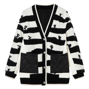 H·GENTEEL荷高新款冬装黑白撞色开衫针织拼接轻薄白鹅绒羽绒服女