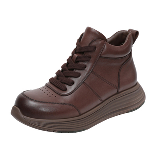 2025秋冬款系带真皮厚底高帮休闲鞋软底坡跟加绒旅游鞋不累脚皮鞋