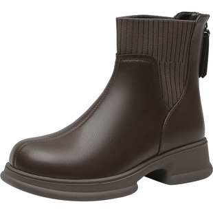 大东时装靴女鞋2025冬季新款时尚粗跟后拉链中跟圆头D0111