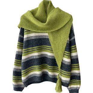 日韩系慵懒风复古条纹毛线衣女秋冬百搭配披肩围巾针织衫两件套装