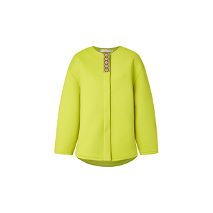 HUI卉茧型空气层落肩袖青粲色中式长角苗刺绣纹保暖大衣毛呢外套