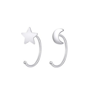 s999纯银星月耳钉女设计感小众养耳洞耳环弯钩款不对称足银耳饰