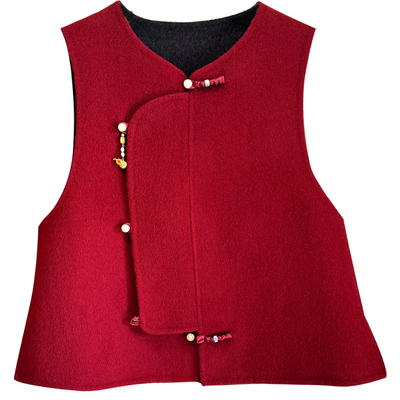 新中式国风红色双面绵羊毛马甲女