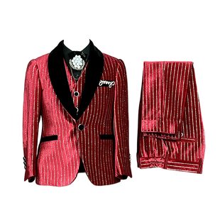 男童服装租赁儿童礼服高端男宝走秀弹琴文艺汇演当主持人红色西装