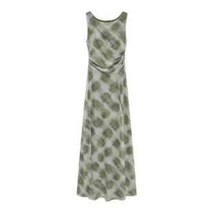 贰羊设计【暖春】无袖收腰复古格纹连衣裙女网纱弹力气质修身长裙