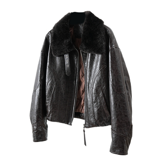 欧洲站2025冬新款高级感羊毛毛领真皮羽绒服女鹅绒短外套皮夹克