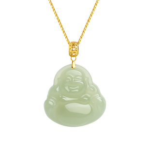印象眸18K金镶玉和田玉佛公吊坠女大肚弥勒笑佛玉坠挂件玉石项链