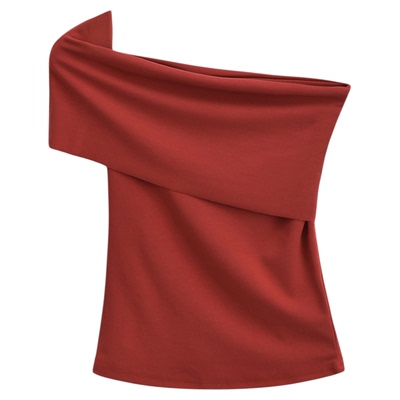 Lovedeath红色一字肩不规则上衣